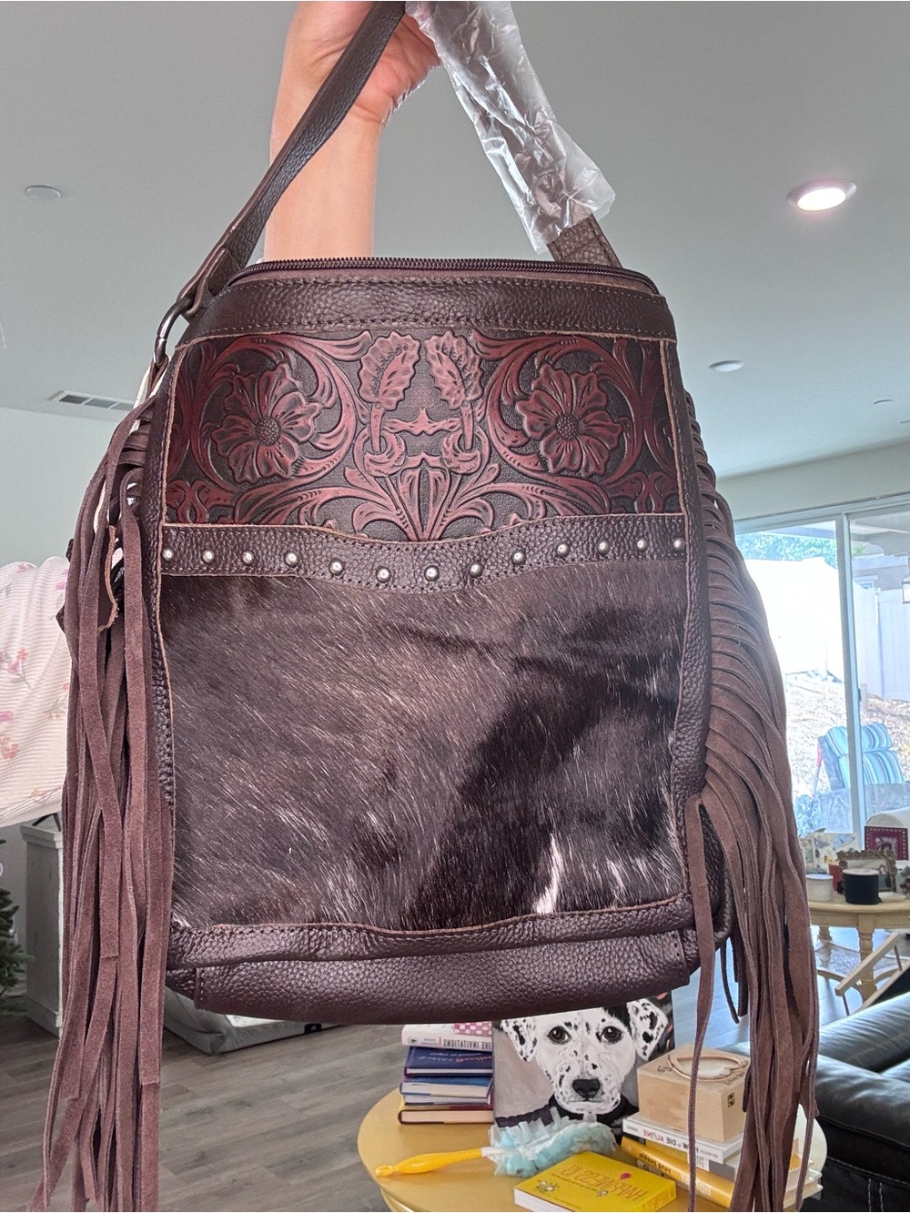 Cowhide Tooled Fringe crossbody bag